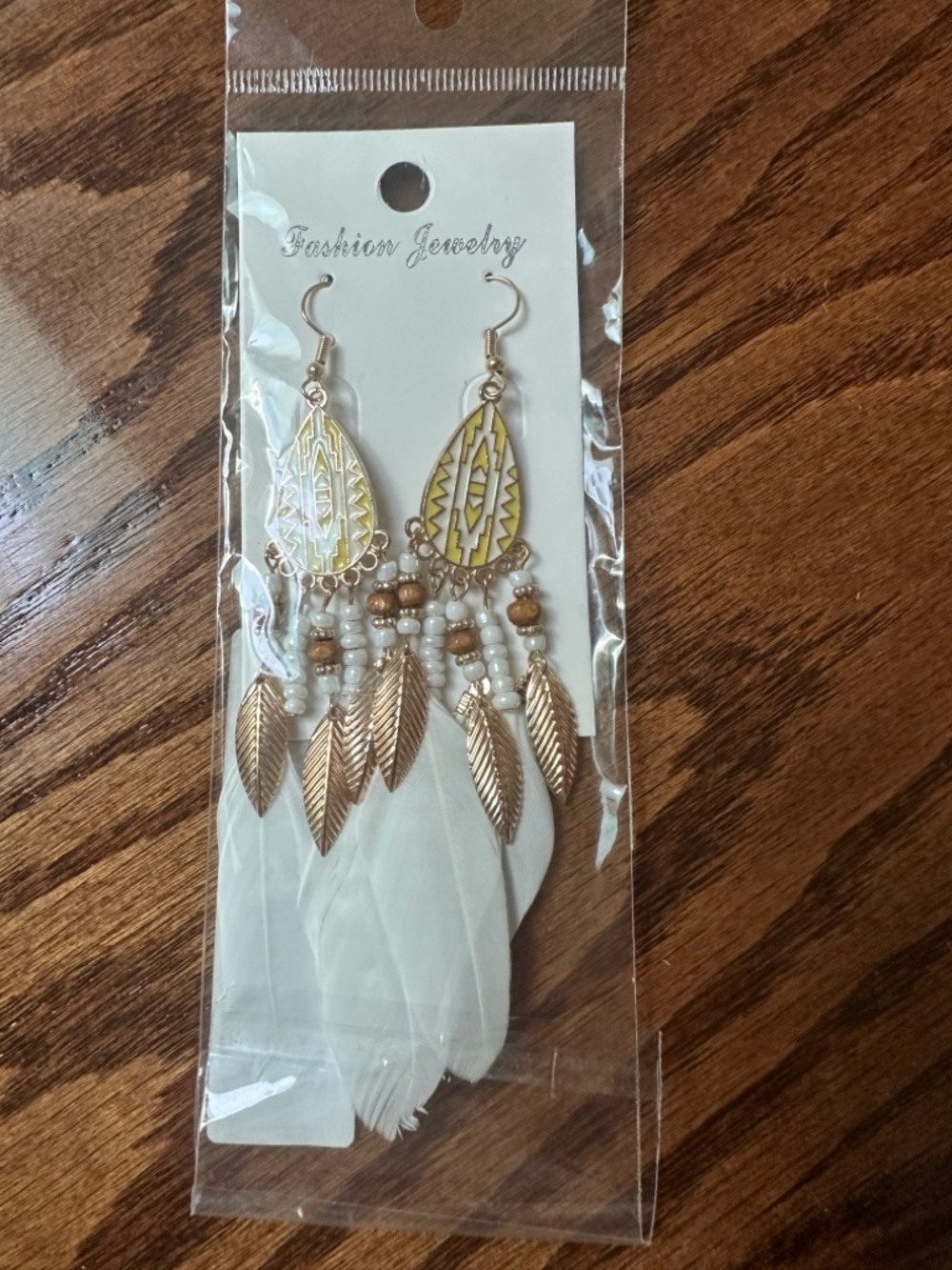 Fashion Jewelry White Feather Dangle Earrings with Gold-Tone Accents - Picture 2 of 2